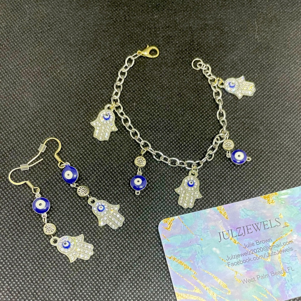 Hand made blue evil eye bracelet and earrings set